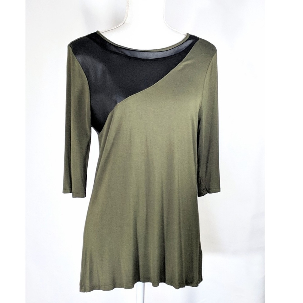 Long Tunic Shirt Olive Green Faux Black Leather